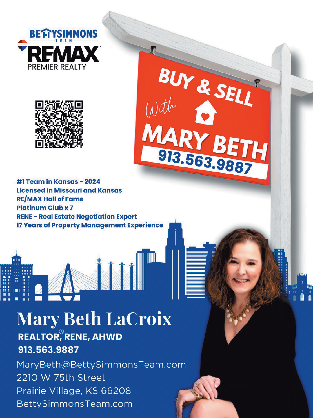A woman is smiling in front of a sign that says “Buy & Sell with Mary Beth". AI generated content