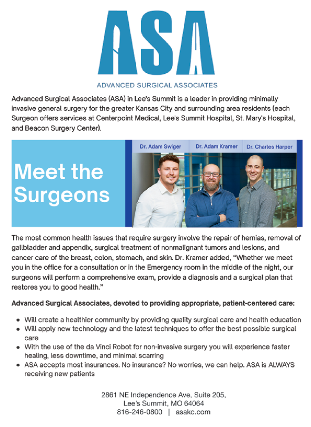 Three men pose for a photo in front of a surgical center. AI generated content