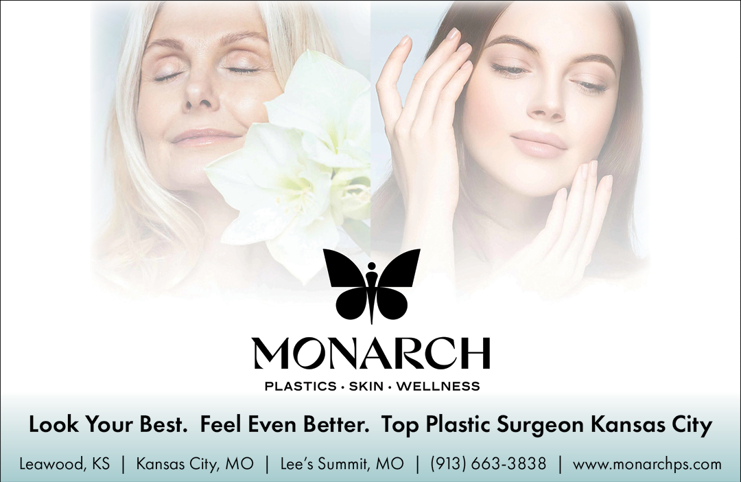 A woman is shown with her eyes closed, and a butterfly is in the background. The ad is for Monarch Plastics, Skin Wellness, and Top Plastic Surgeons in Kansas City. AI generated content