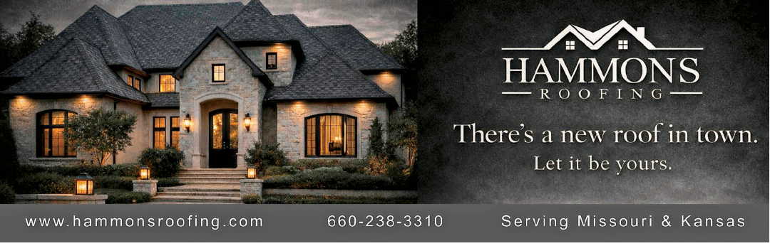 A house with a black and white roof and a sign that says “Hammons' Roofing". AI generated content