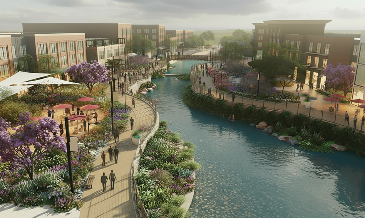A city scene with a river running through it. People are walking on a bridge over the water. Buildings are in the background. AI generated content