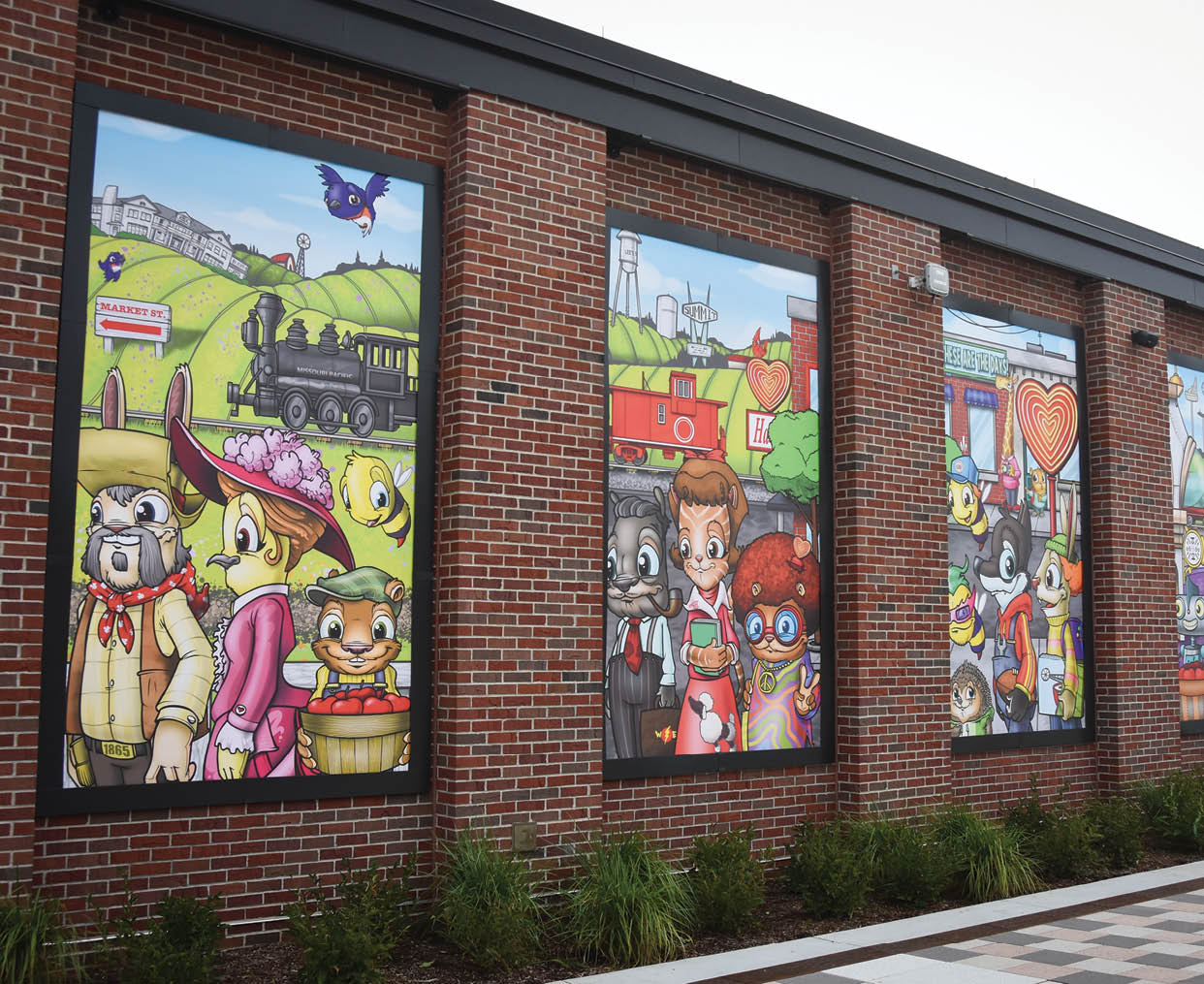 A building with a brick wall has a series of cartoon images on it. AI generated content