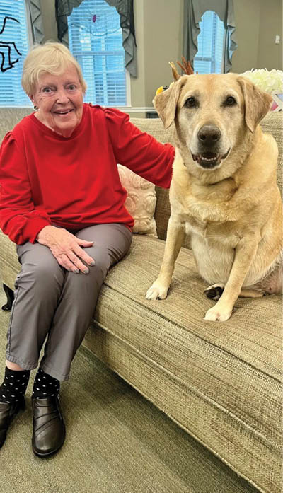An elderly woman sits on a couch next to a large brown dog. AI generated content
