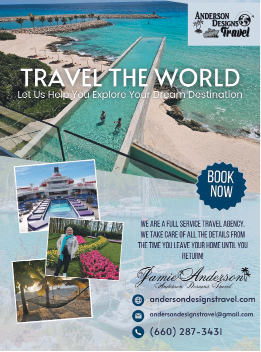 A brochure for a travel company with a picture of a woman in a blue shirt and a picture of a pool. AI generated content