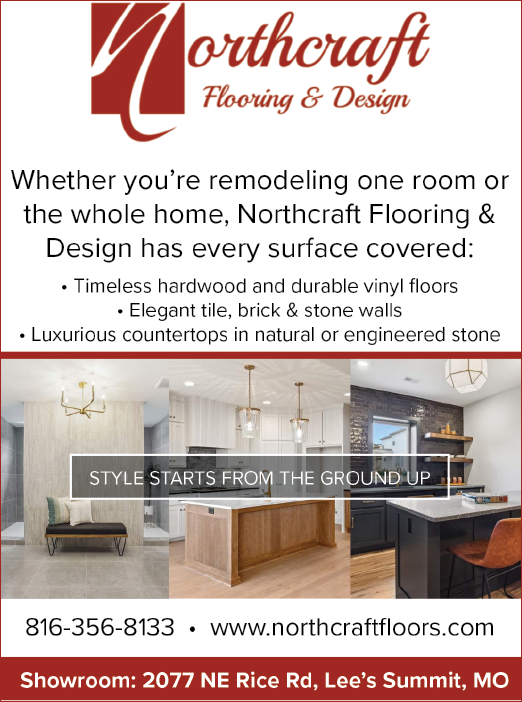 A flyer for Northcraft Flooring & Design shows a kitchen and bathroom remodel. AI generated content
