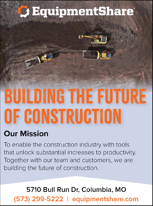 A flyer for Equipment Share features a picture of a construction site with two yellow bulldozers. The flyer is promoting the company's mission to build the future of construction. AI generated content