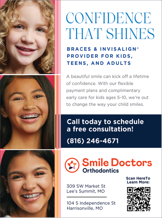 A flyer advertises a free consultation for braces and orthodontics. The ad features three smiling children, each with braces. The ad is for Smile Doctors, located at 111 St. Independence St. in Plymouth, MI. AI generated content
