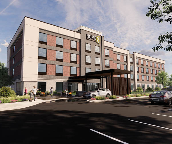 A hotel with a parking lot and a building with a brick facade. AI generated content