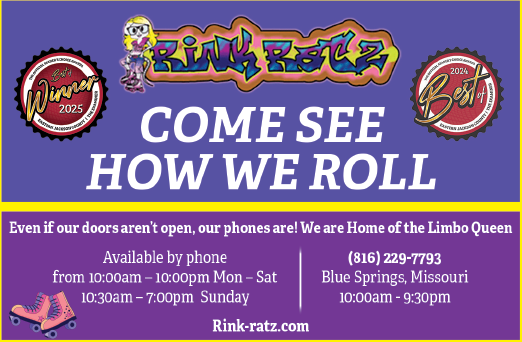 A purple and yellow advertisement for a roller rink. AI generated content