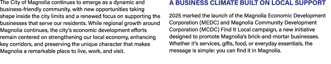 The City of Magnolia continues to emerge as a dynamic and business friendly community, with new opportunities taking ...