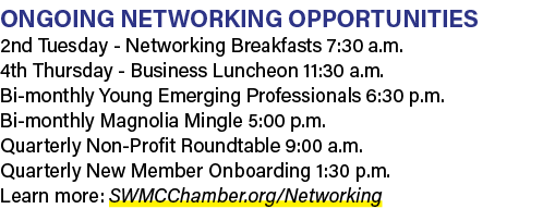 ONGOING NETWORKING OPPORTUNITIES 2nd Tuesday Networking Breakfasts 7:30 a.m. 4th Thursday Business Luncheon 11:30 a.m...