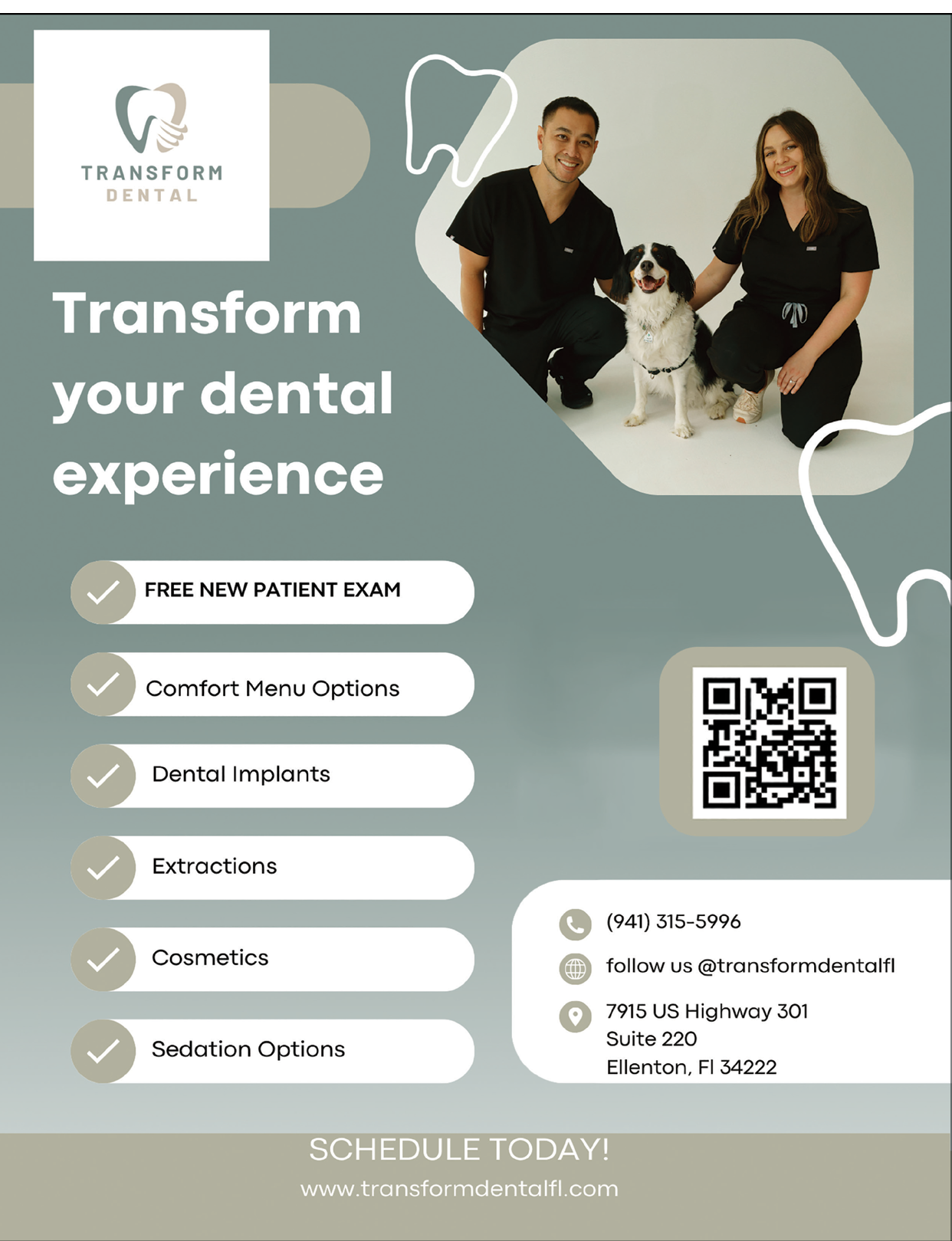 A flyer advertising dental services with a man and woman posing with a dog. The flyer lists the services offered and a schedule for appointments. AI generated content