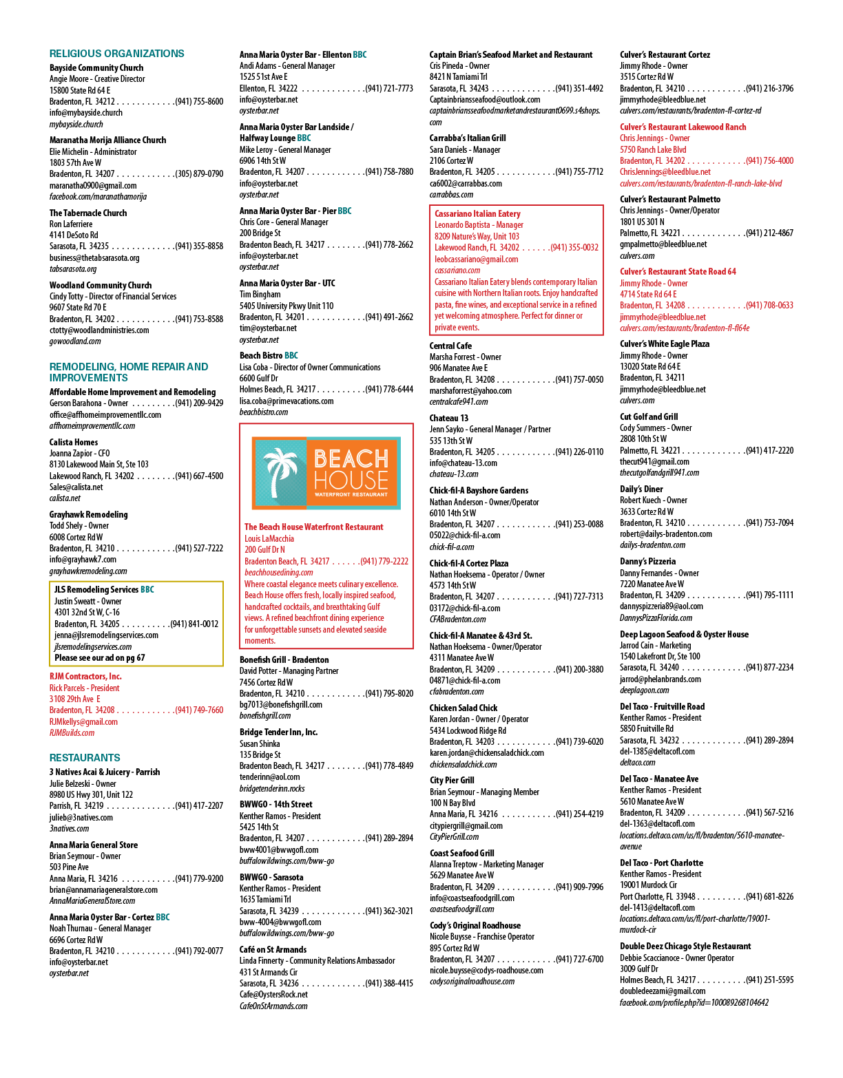 A list of beach-related businesses and services is organized in a grid format. AI generated content