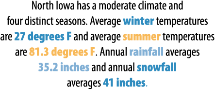 North Iowa has a moderate climate and four distinct seasons. Average winter temperatures are 27 degrees F and average...
