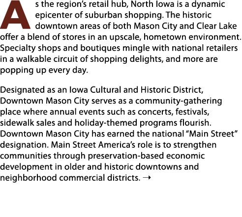 As the region’s retail hub, North Iowa is a dynamic epicenter of suburban shopping. The historic downtown areas of bo...