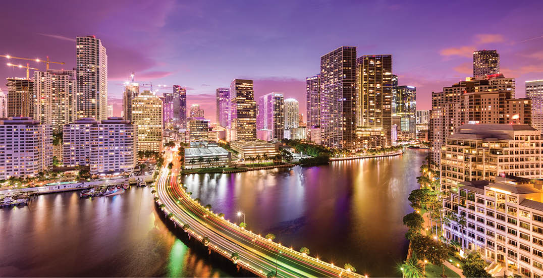 Miami, Florida, USA downtown skyline at night.