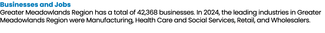 Businesses and Jobs Greater Meadowlands Region has a total of 42,368 businesses. In 2024, the leading industries in G...
