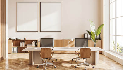 Beige workplace interior with armchairs, shared desk with pc computers. Wooden sideboard with documents and decor. Panoramic window on tropics. Mock up canvas posters. 3D rendering