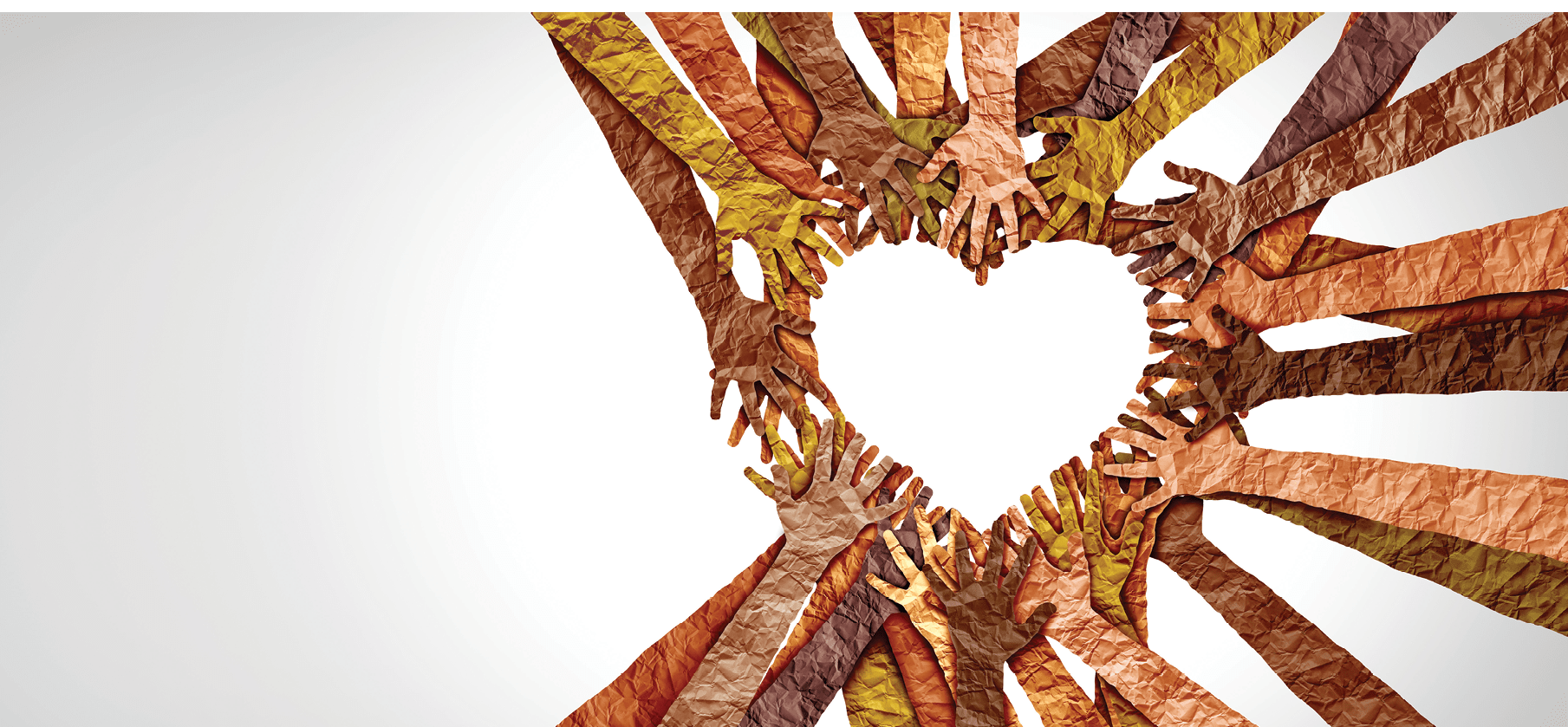Diverse hands heart and united diversity or unity partnership in a group of multicultural people connected together shaped as a support symbol expressing the feeling of teamwork and togetherness.