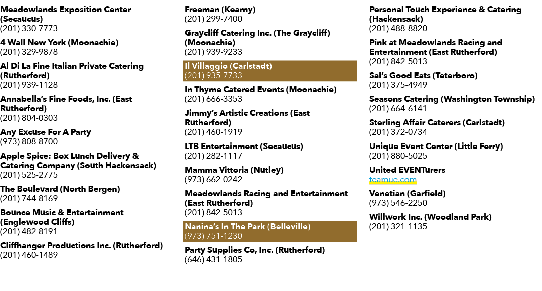 Meadowlands Exposition Center (Secaucus) (201) 330 7773 4 Wall New York (Moonachie) (201) 329 9878 Al Di La Fine Ital...