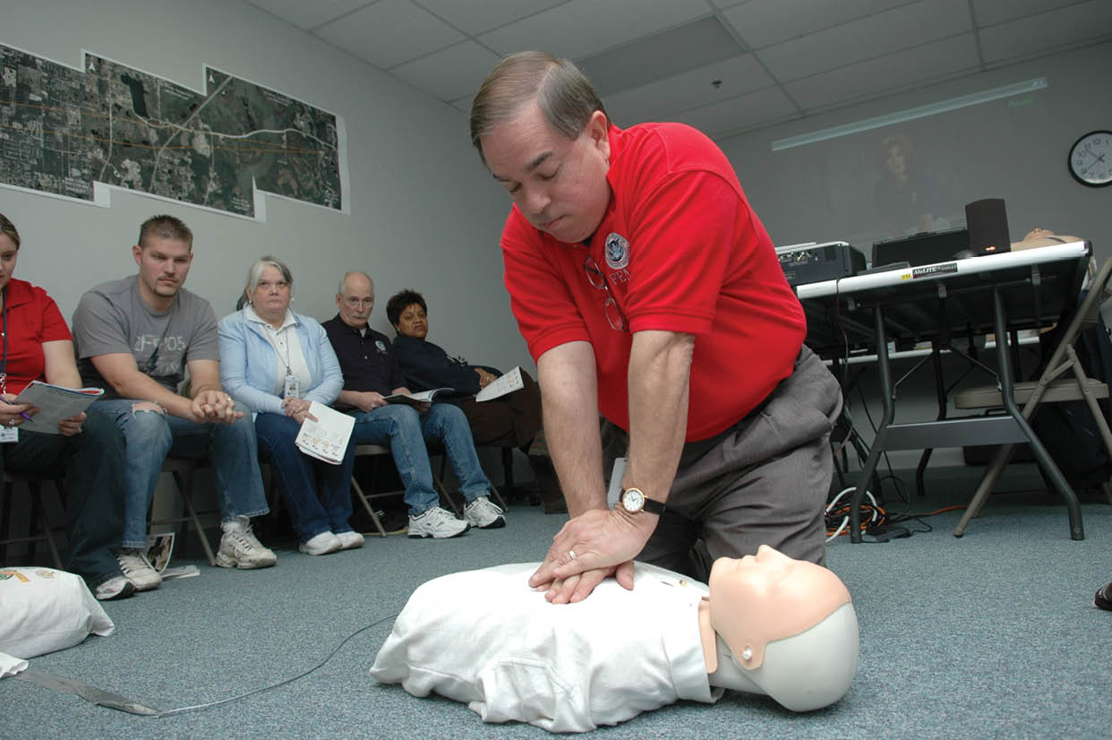 Orlando, Fla., February 24, 2007 -- FEMA Federal Coordinating Officer (FCO) Jesse Munoz practices his CPR technique in a Red Cross training class. FEMA encourages its employees to learn various first aid techniques.  Mark Wolfe/FEMA
