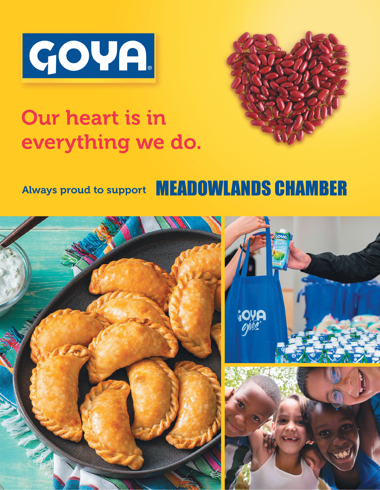 A poster advertising Goya foods with a heart shaped picture of beans and a person holding a bag of Goya beans. AI generated content