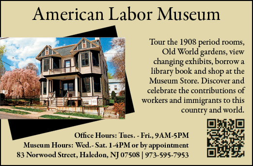 A flyer advertises the American Labor Museum, featuring a house with a wrap-around porch and a clock tower. The museum offers tours of the 1898 period rooms, changing world exhibits, a library, book and shop, and a celebration of the contributions of workers to this country and world. AI generated content