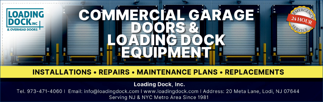 A white sign with black lettering that reads “Overhead Door Company of the Meadowlands." AI generated content