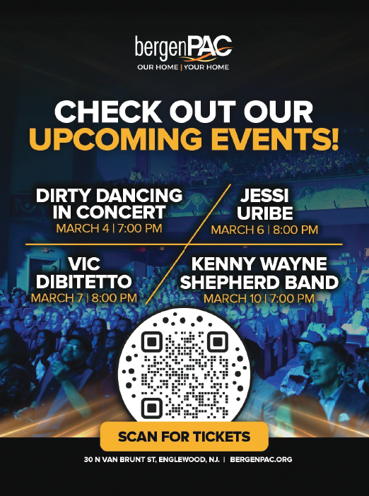 A flyer for an event at the Bergen Performing Arts Center lists the upcoming events, including Dirty Dancing in Concert, Jessi Urie, Kenny Wayne Shepherd Band, and DiBattista. AI generated content