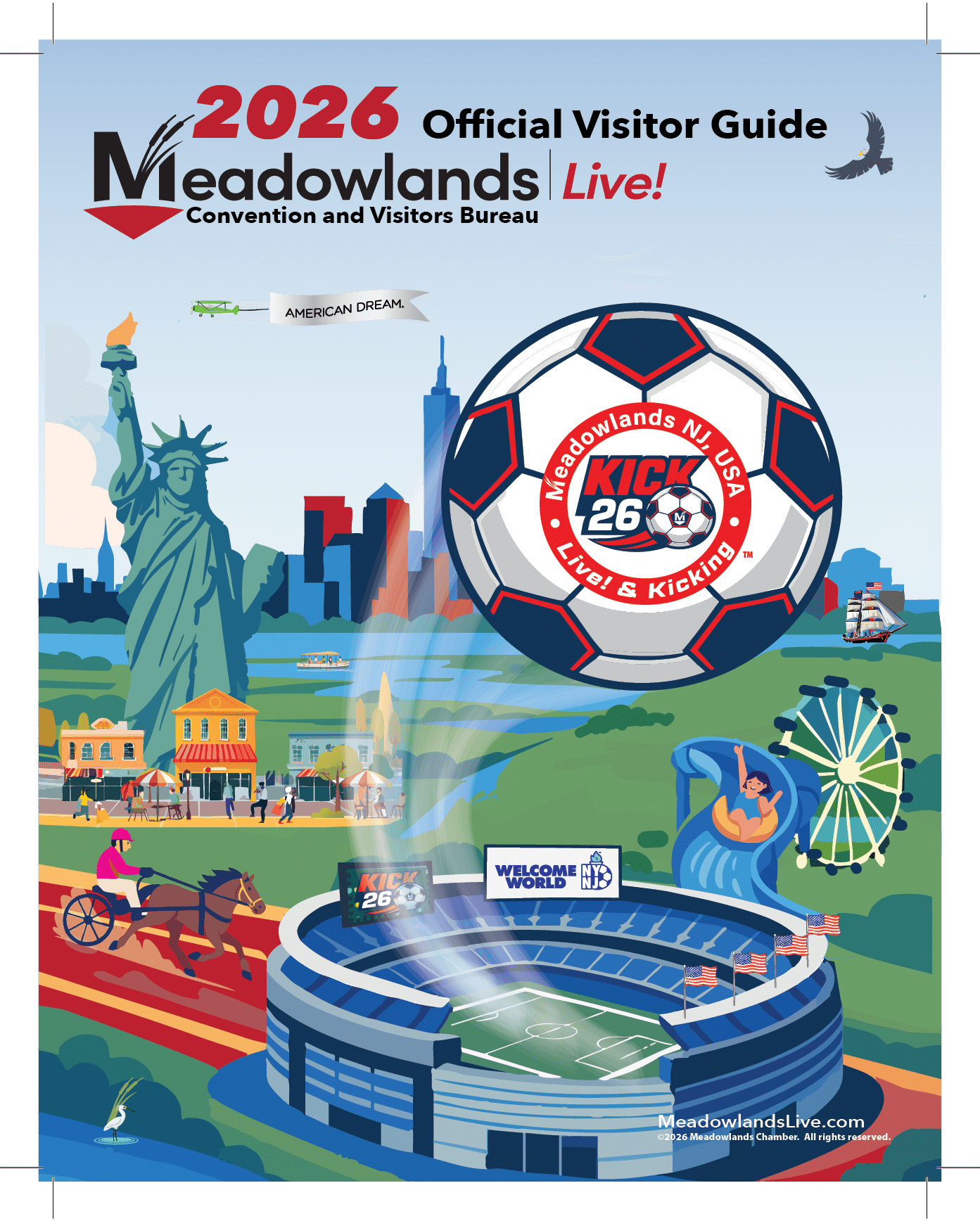 A colorful advertisement for a soccer game in a stadium with a large soccer ball in the center. AI generated content