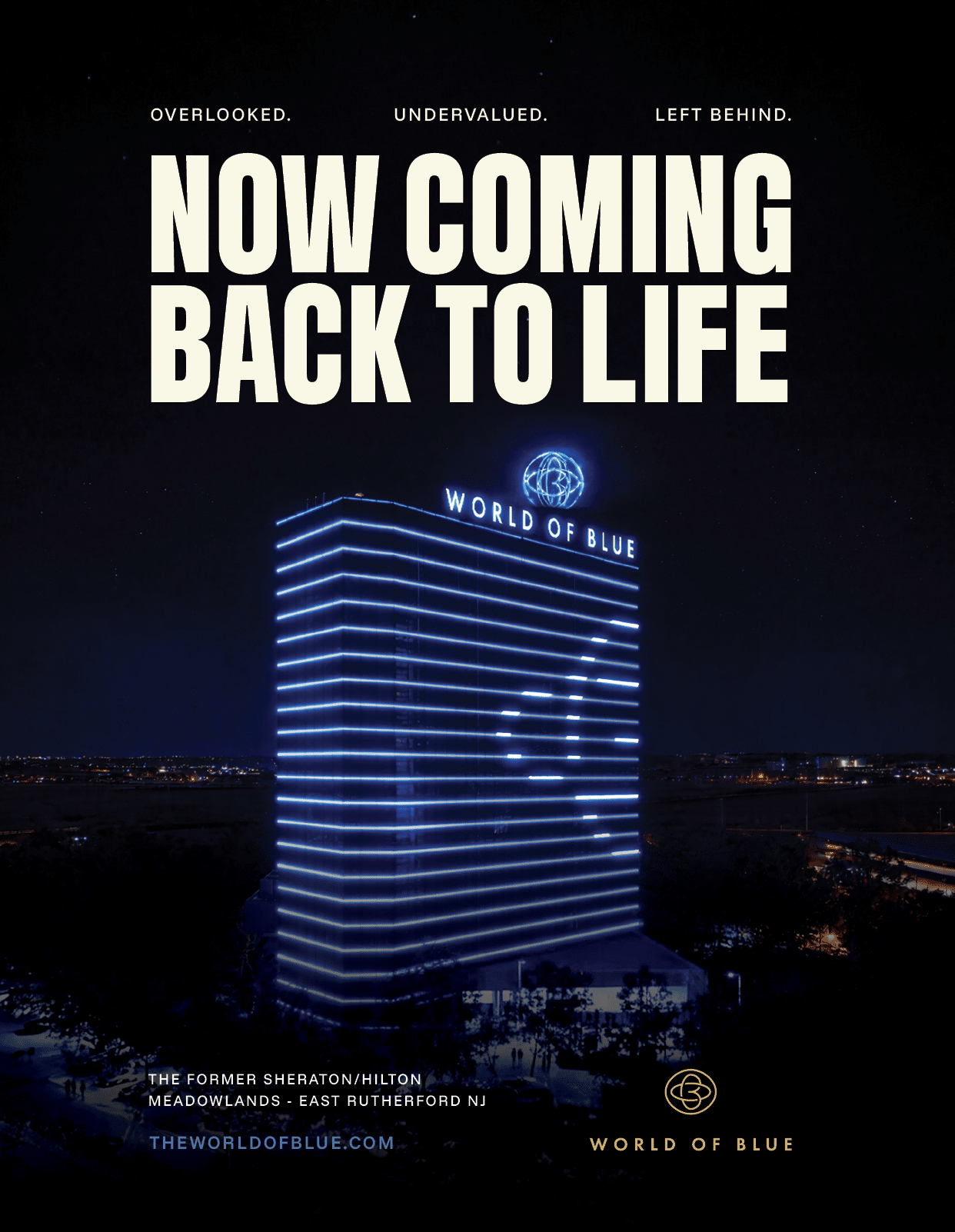 A large building with a blue sign that says “World of Blue" on it. AI generated content