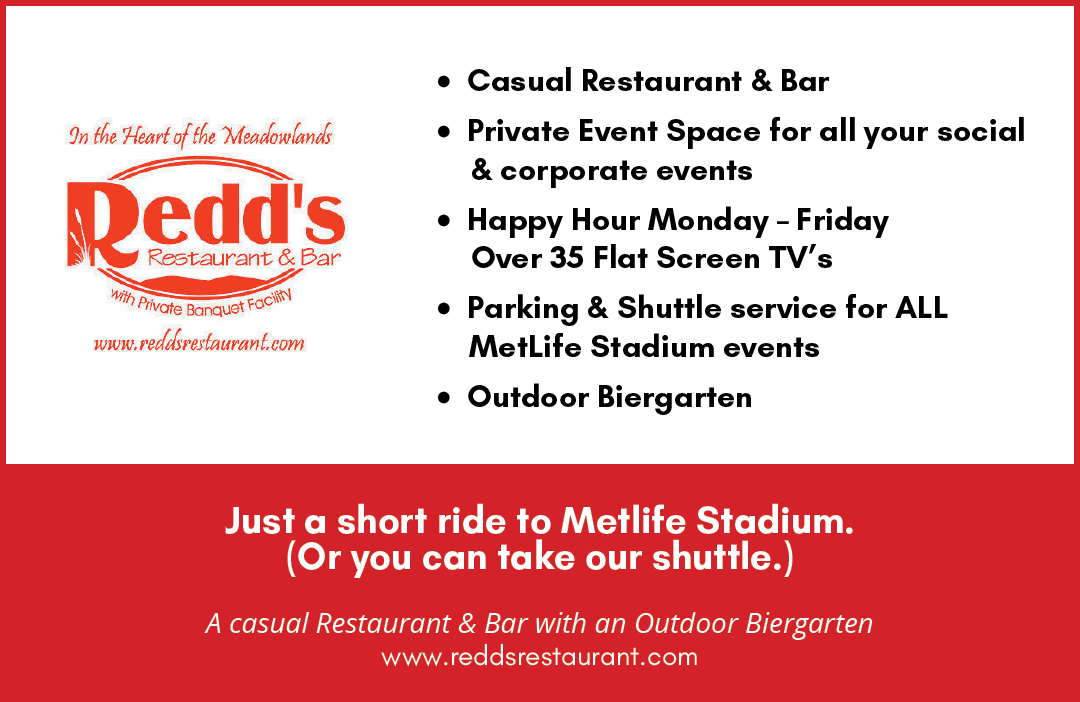 A flyer advertising Red's Casual Restaurant & Bar, including private events, MetLife Stadium, and outdoor biergarten. AI generated content