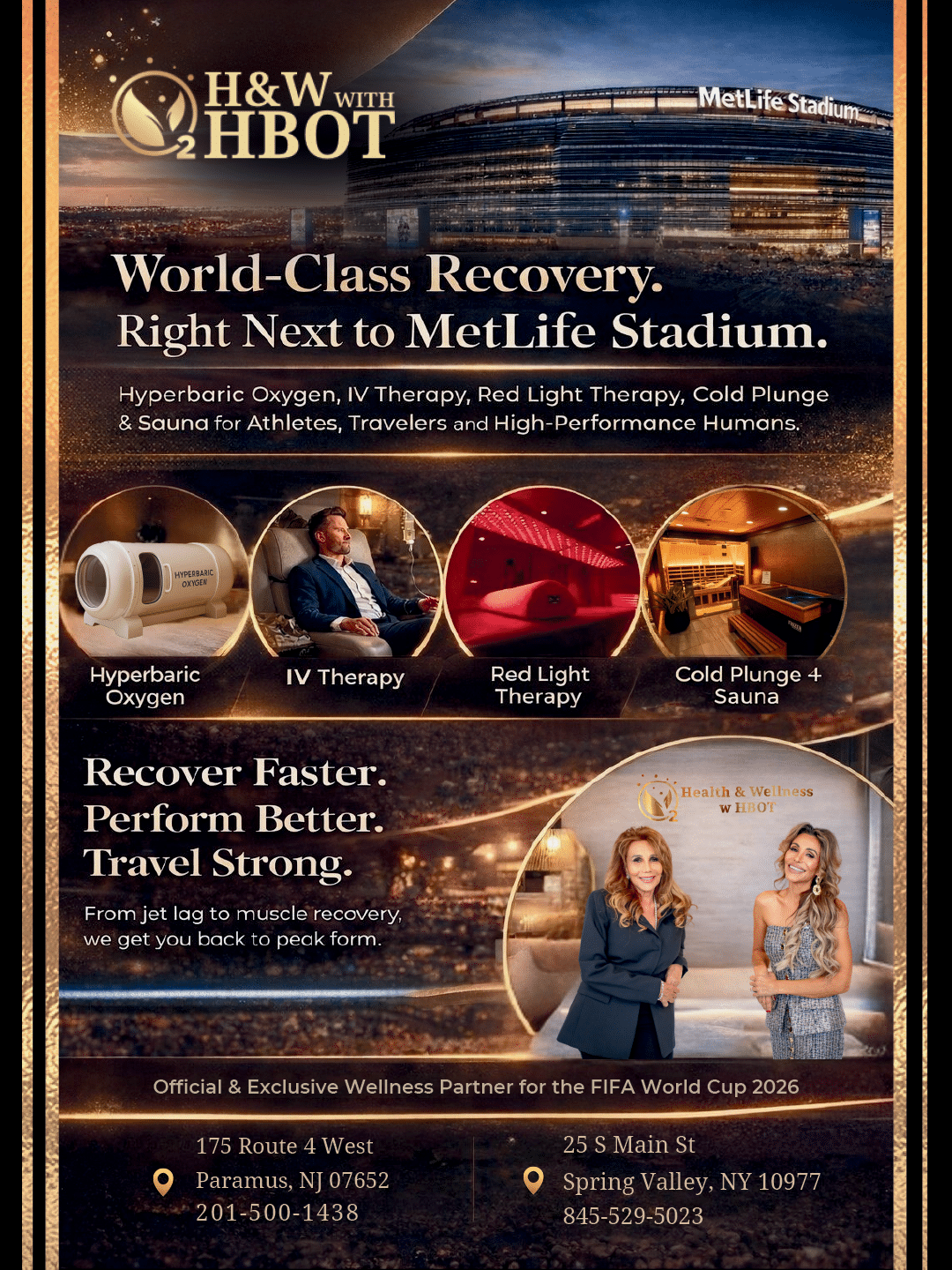 A flyer for a wellness center featuring a woman in a black dress and a woman in a blue dress. The flyer is advertising a world class recovery program. AI generated content