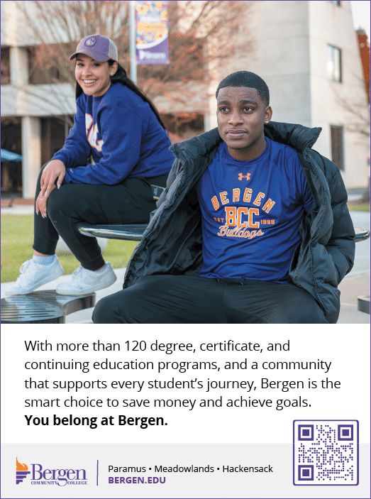 Two people are sitting on a bench, one of them is wearing a blue shirt with the word Bergen on it. AI generated content