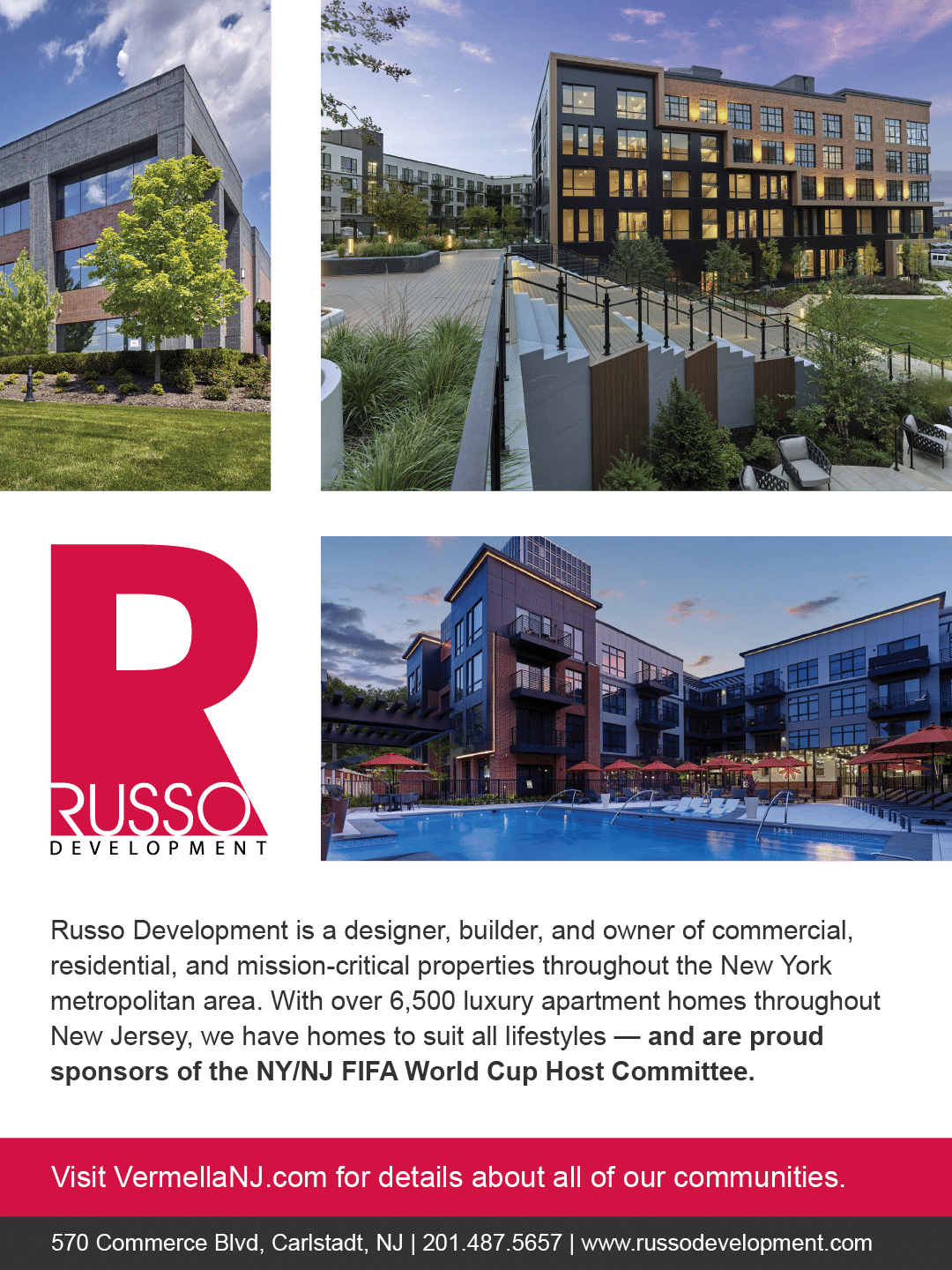 A flyer for Russso Development features a picture of a building and a pool. AI generated content