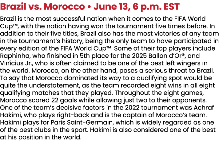 Brazil vs. Morocco • June 13, 6 p.m. EST Brazil is the most successful nation when it comes to the FIFA World Cup™, w...