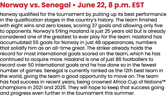 Norway vs. Senegal • June 22, 8 p.m. EST Norway qualified for the tournament by putting up its best performance in t...