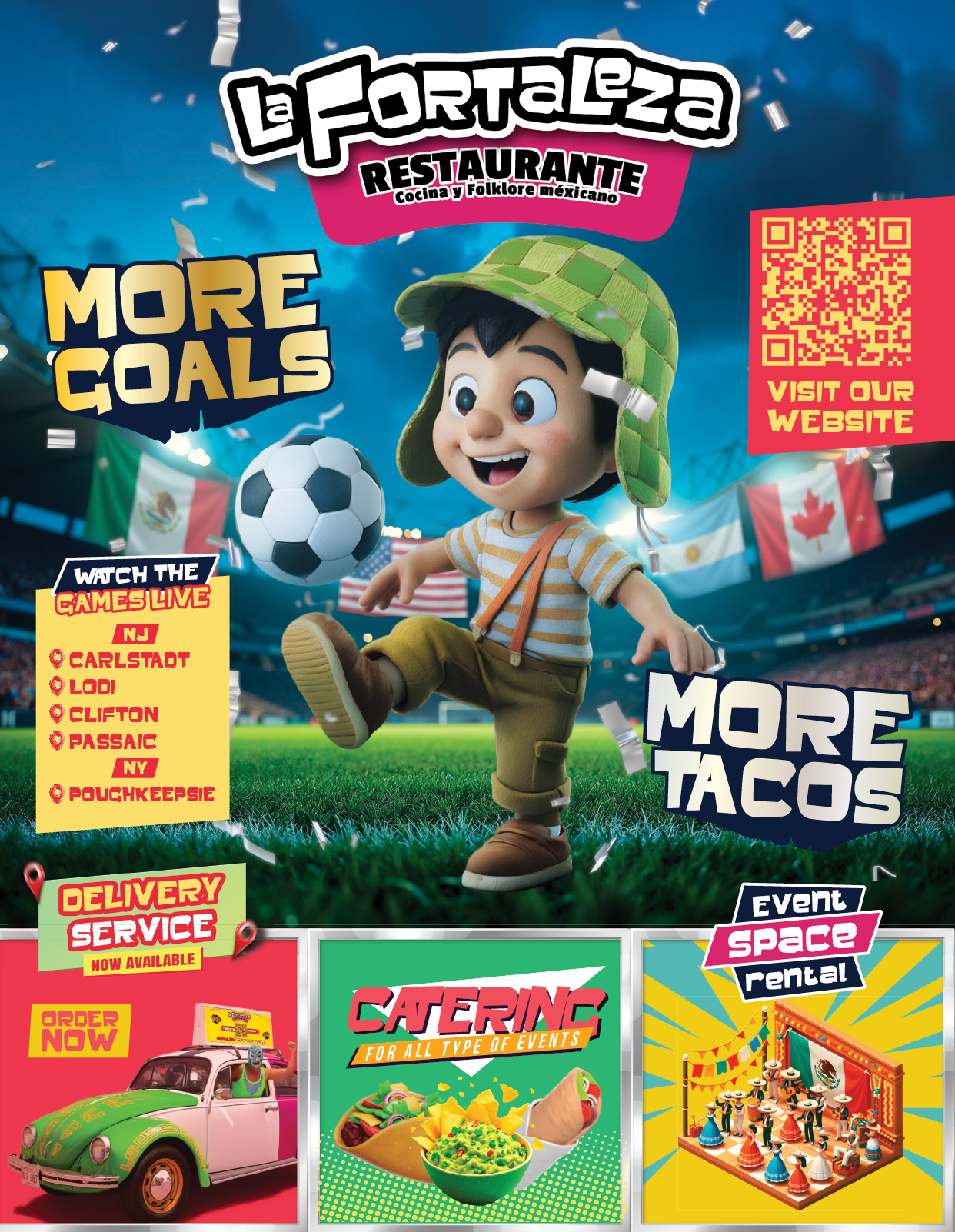A colorful advertisement for a restaurant featuring a boy in a hat and soccer ball. AI generated content
