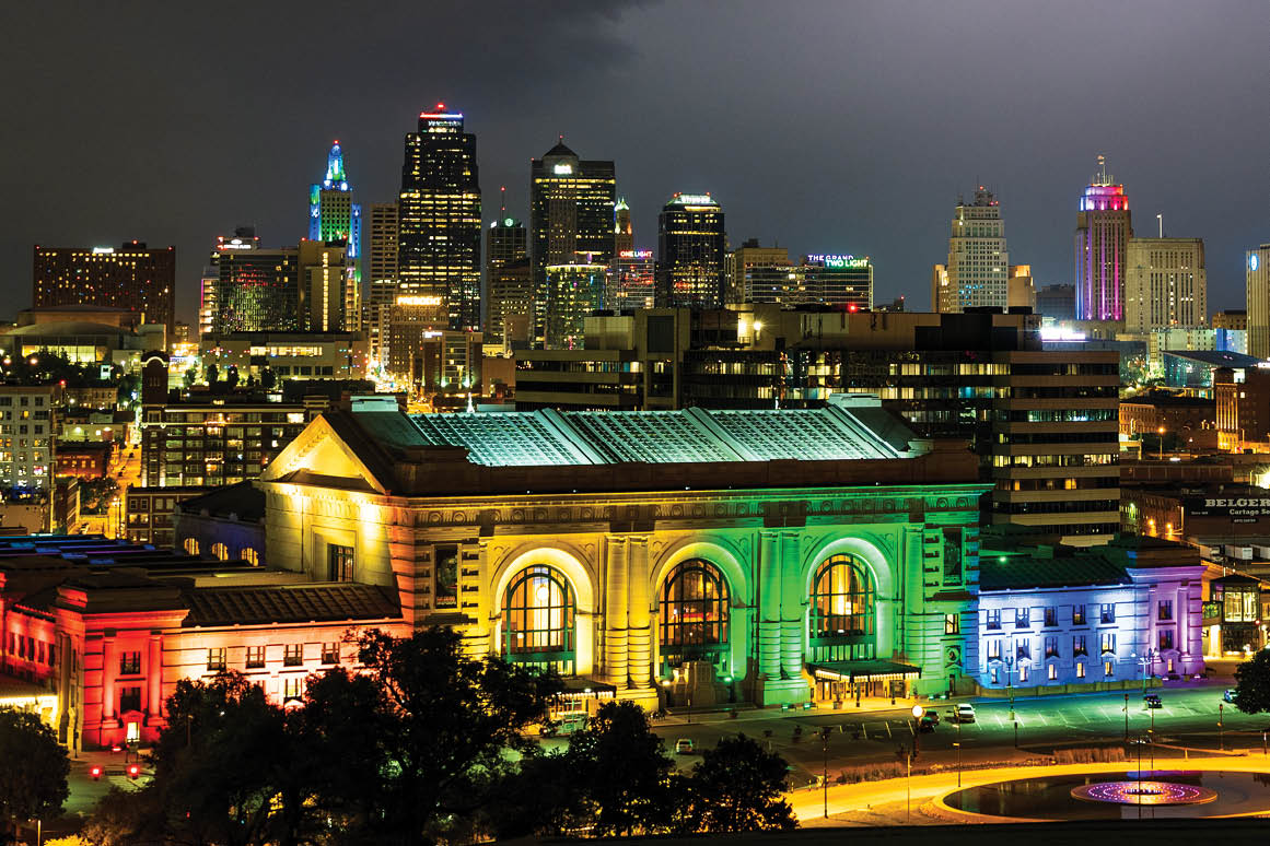 Evening view of Kansas City, MO during a lightening storm that lit up the sky