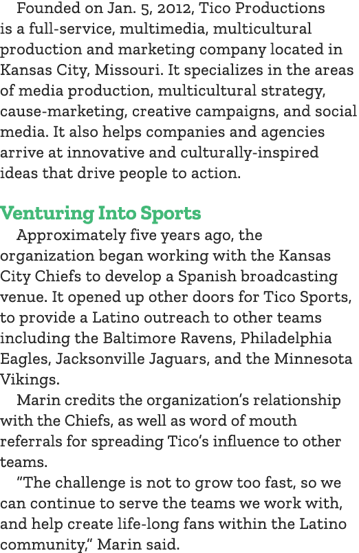 Founded on Jan. 5, 2012, Tico Productions is a full service, multimedia, multicultural production and marketing compa...