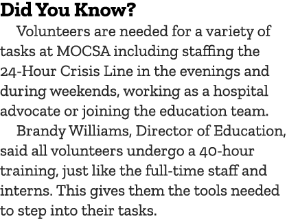 Did You Know? Volunteers are needed for a variety of tasks at MOCSA including staffing the 24 Hour Crisis Line in the...