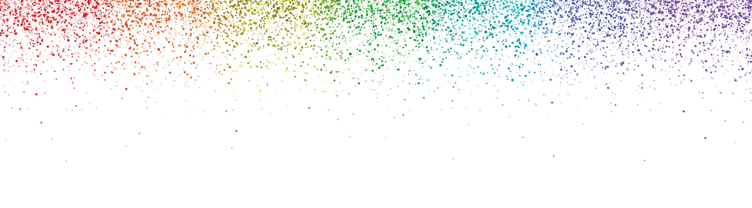Rainbow falling particles, wide banner on white background. Vector illustration