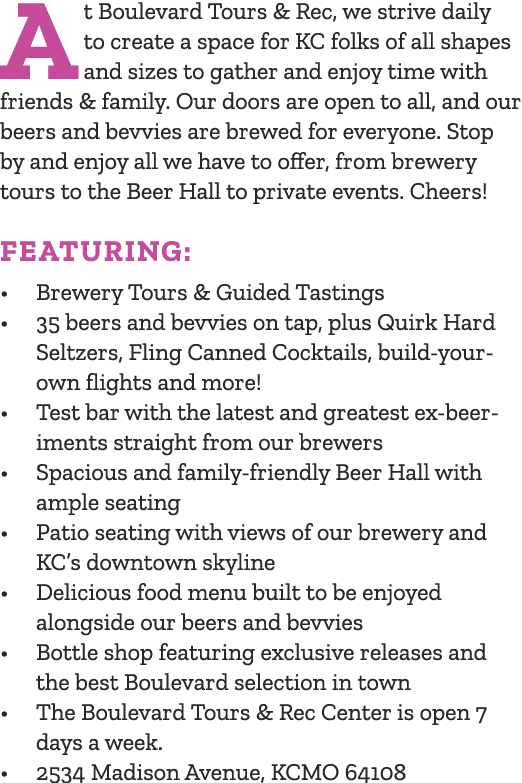 At Boulevard Tours & Rec, we strive daily to create a space for KC folks of all shapes and sizes to gather and enjoy ...