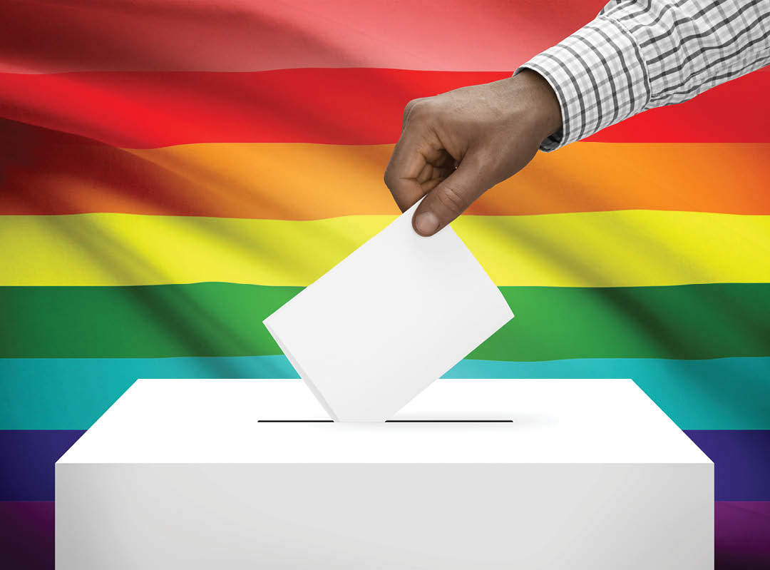 Ballot box with national flag on background - LGBT flag