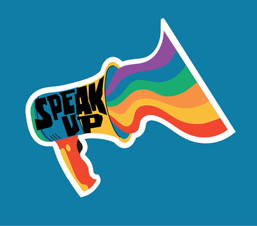 Speak Up and Communicate to Protest or voice your concern. Motivational quote 'Speak up' drawn with a loud speaker on blue background. Good for prints, cards, posters, stickers, banners.