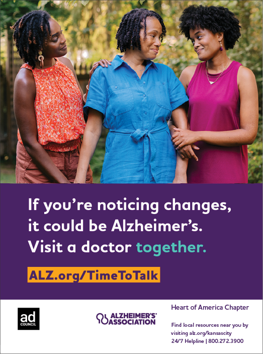 A purple and orange advertisement for the Alzheimer's Association. Description generated by AI