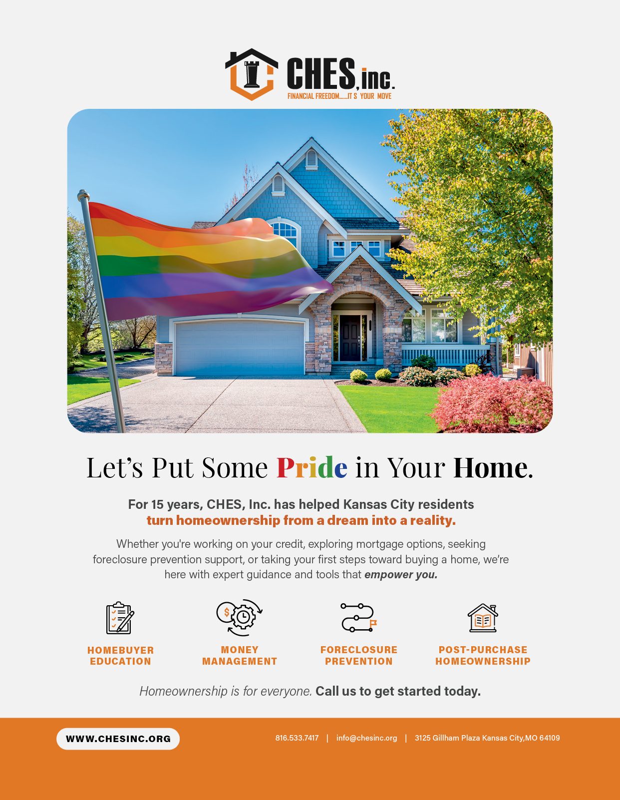 A colorful flag is hanging in front of a blue house. Description generated by AI