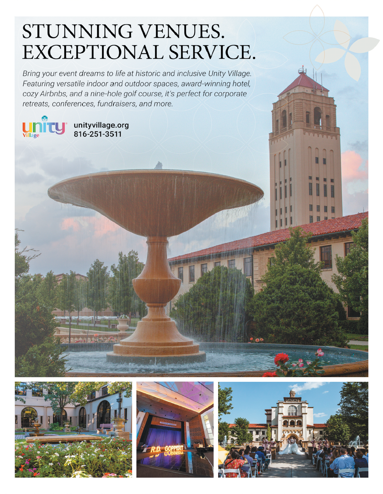 A fountain in front of a building. Description generated by AI