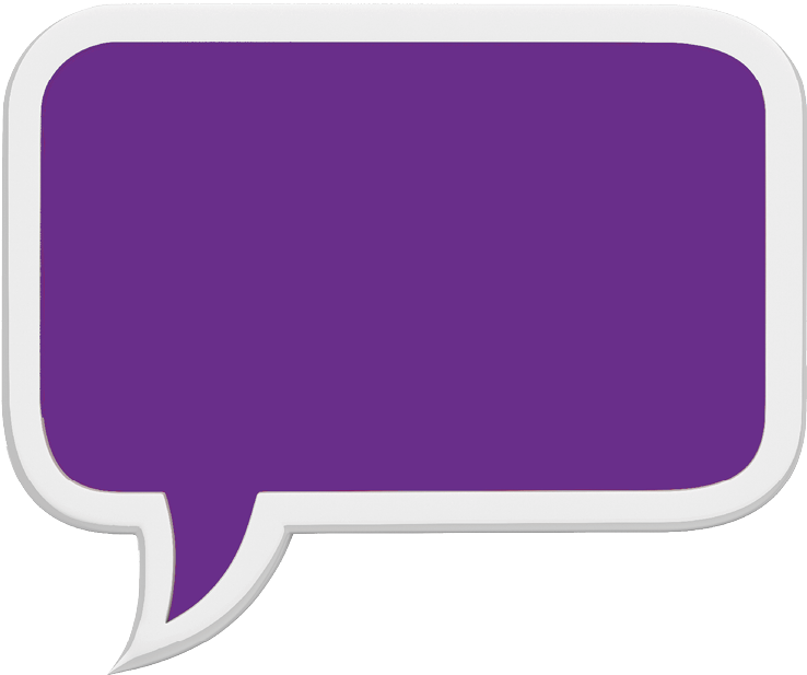 A purple speech bubble on a white background. Description generated by AI