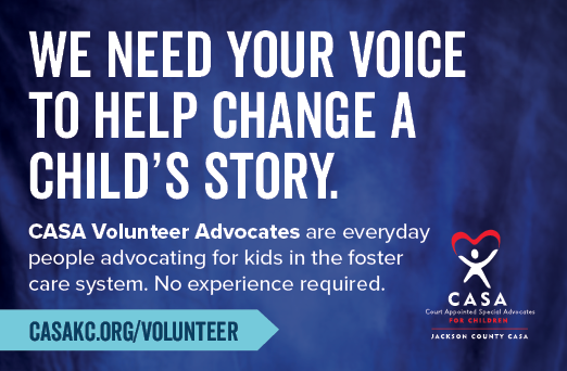 A blue and white advertisement for Casa Volunteer Advocates. Description generated by AI